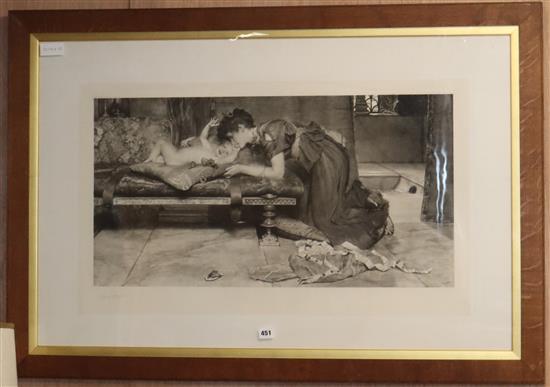 Sir Lawrence Alma-Tadema photolithograph, An Earthly Paradise, signed in pencil, 50 x 82cm.